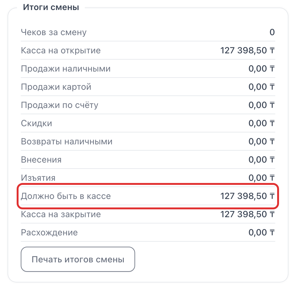 Строка «Должно быть в кассе» в итогах смены