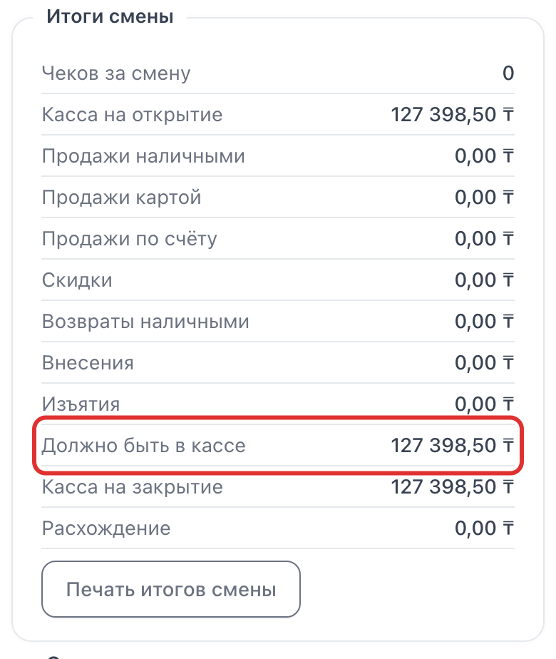 Строка «Должно быть в кассе» в итогах смены