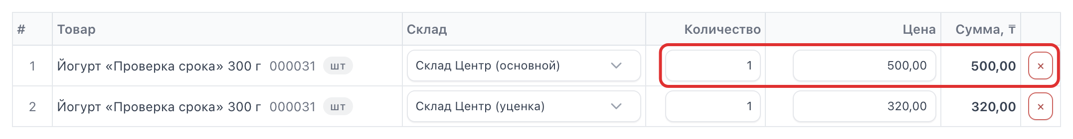 Строка товара: количество и красный крестик